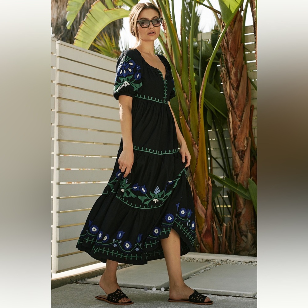 ROLLER RABBIT Lavandou Zara Floral Print Embroidered Tiered Maxi Dress